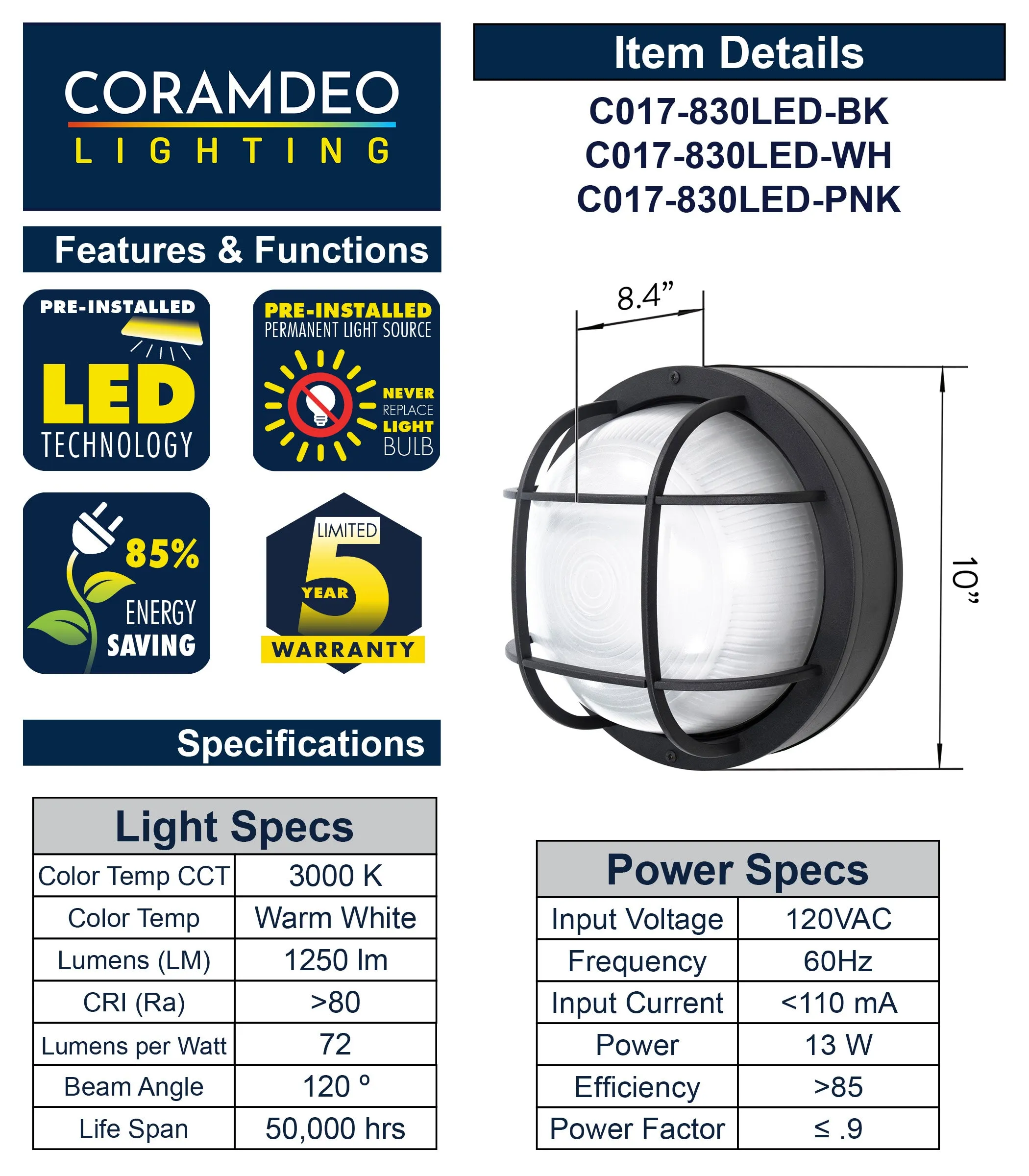 10” Round Integrated LED Nautical Bulkhead, 1250 Lumens, 3K, In 3 Finishes