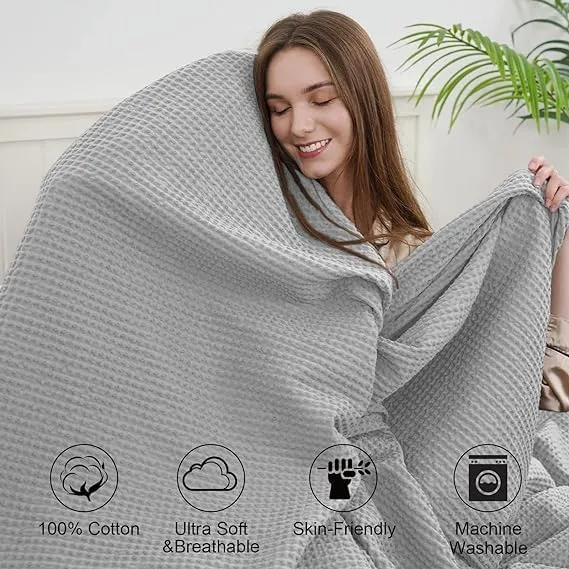 100% Cotton Waffle Weave Blanket Size Queen 90" x 90"-Lightweight Washed Soft Breathable Blanket Perfect for Summer-Great Blanket Layer for Couch Bed Sofa-Elegant Home Decoration-Light Grey