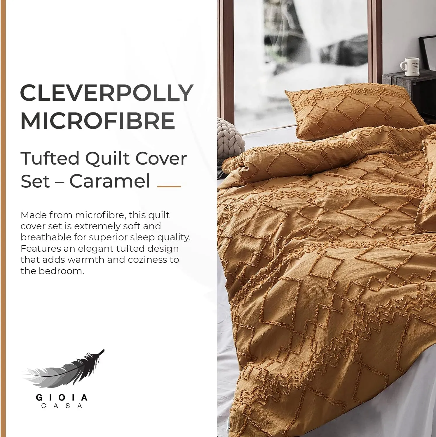 100% Premium Brushed Microfibre Tufted (3Pcs) Quilt Cover Set - Caramel - Super King Size