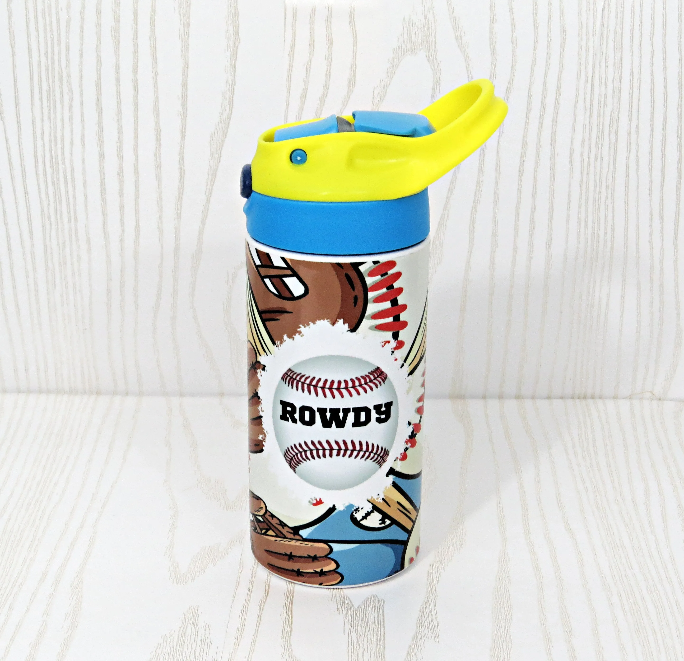 12 oz Stainless Steel Baseball Tumbler - Boys Water Bottle - Flip Top - Insulated Reusable - Straw - Personalized Custom with Handle