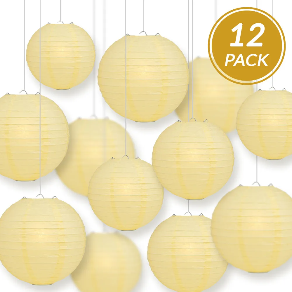 12-PC Lemon Yellow Chiffon Paper Lantern Chinese Hanging Wedding & Party Assorted Decoration Set, 12/10/8-Inch