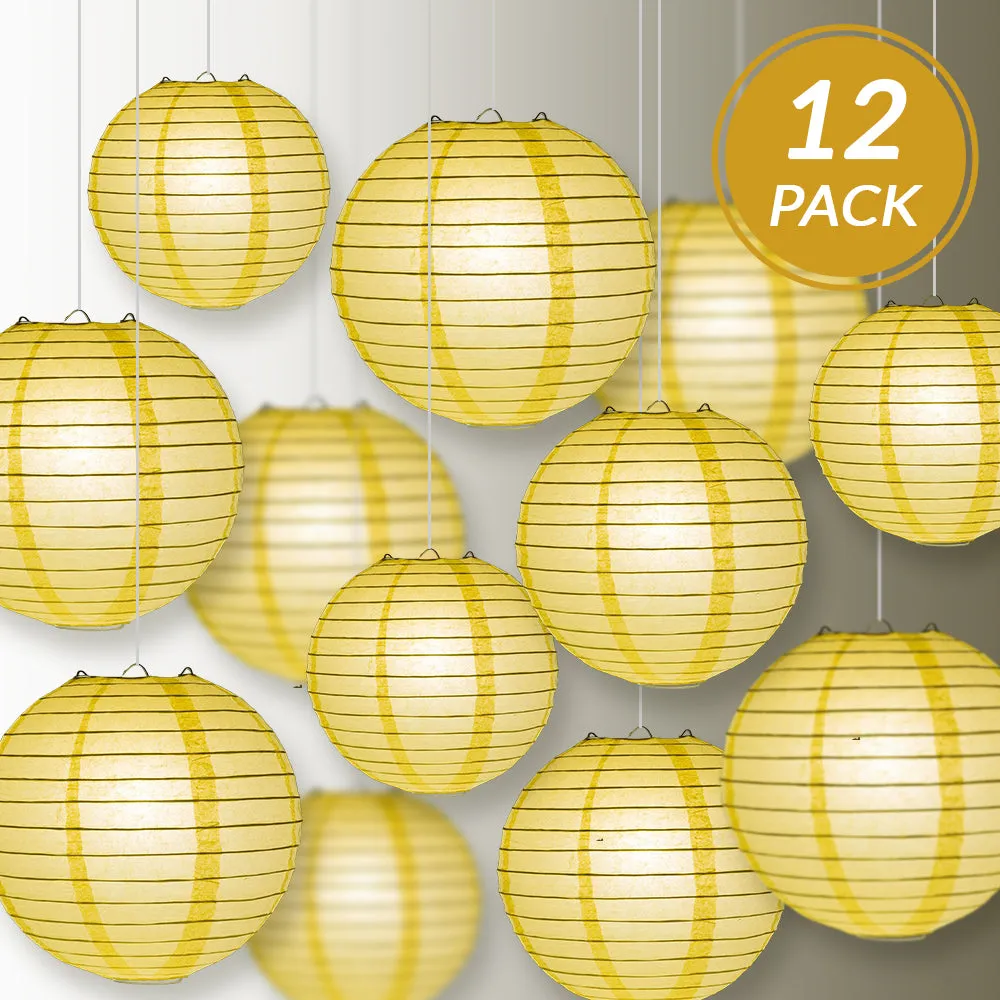 12-PC Lemon Yellow Chiffon Paper Lantern Chinese Hanging Wedding & Party Assorted Decoration Set, 12/10/8-Inch