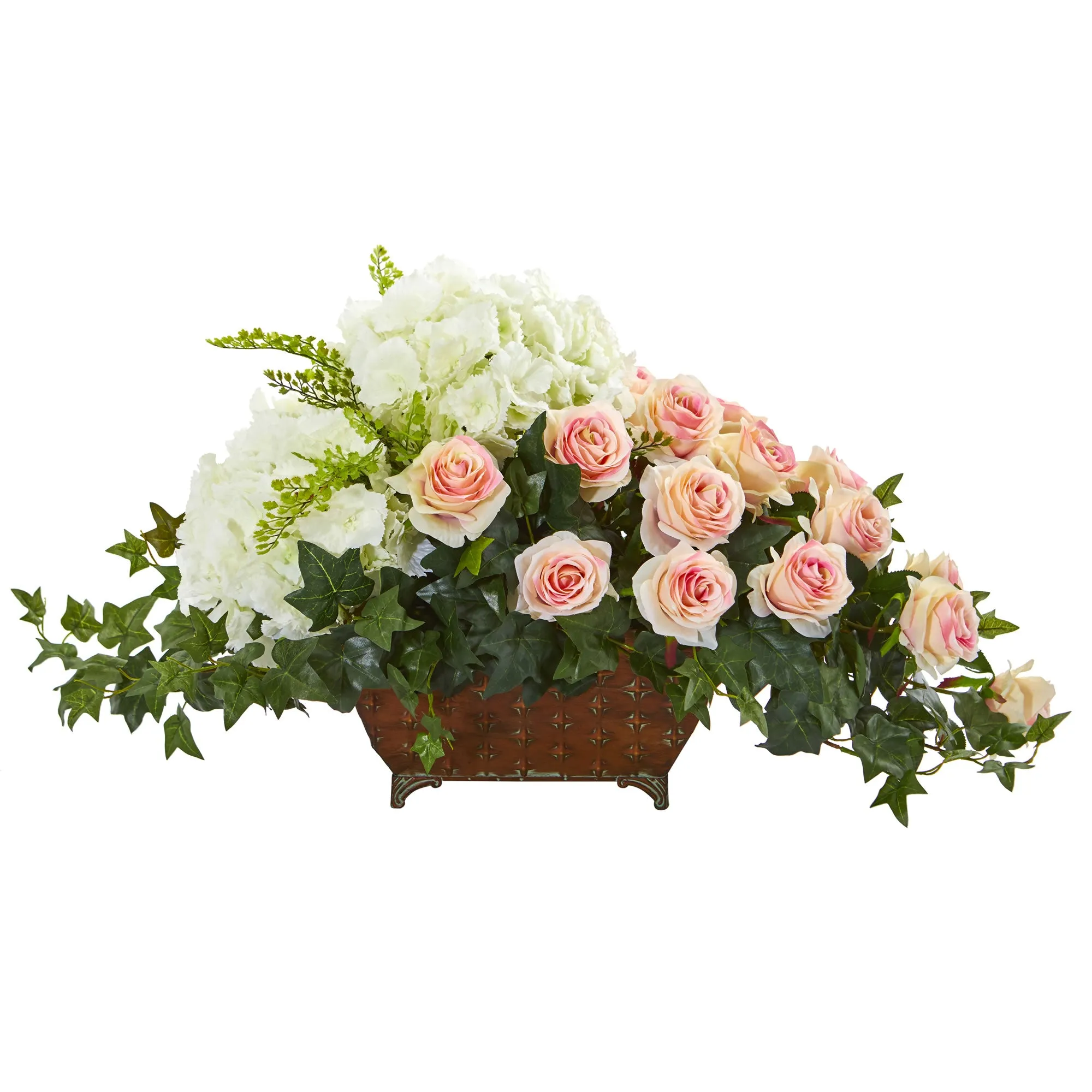 16" x 29" Artificial Hydrangea & Rose Arrangement in Metal Planter - Low Maintenance, Life-Like & Vibrant Silk Flowers For Busy People.