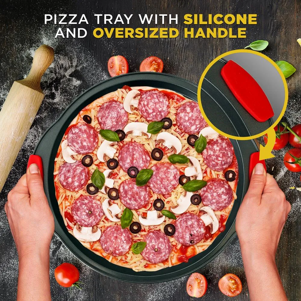 2-Pc. Non-Stick Pizza Tray With Silicone Handle - Round Steel Non-Stick Pan With Perforated Holes