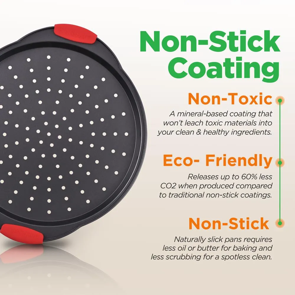 2-Pc. Non-Stick Pizza Tray With Silicone Handle - Round Steel Non-Stick Pan With Perforated Holes