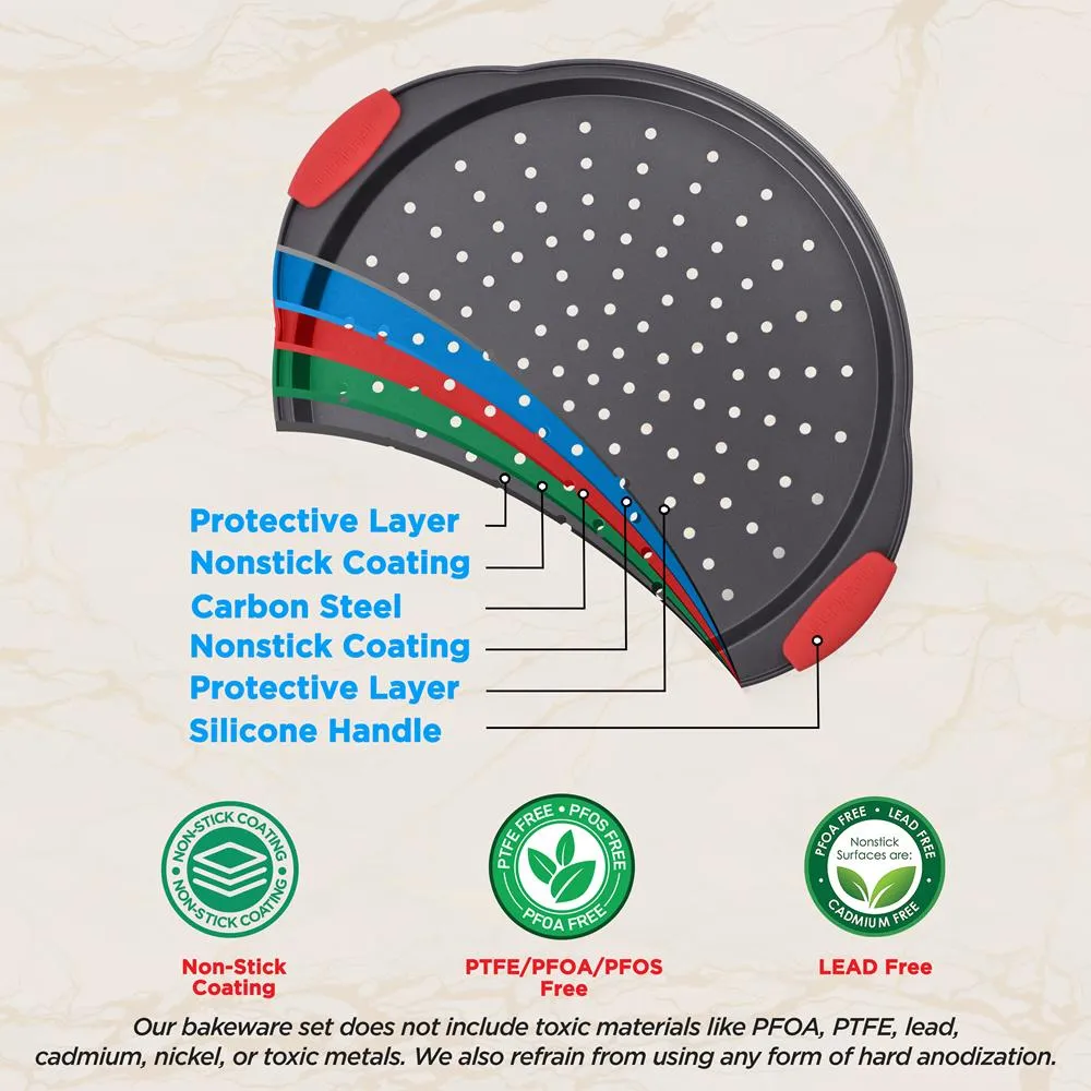 2-Pc. Non-Stick Pizza Tray With Silicone Handle - Round Steel Non-Stick Pan With Perforated Holes