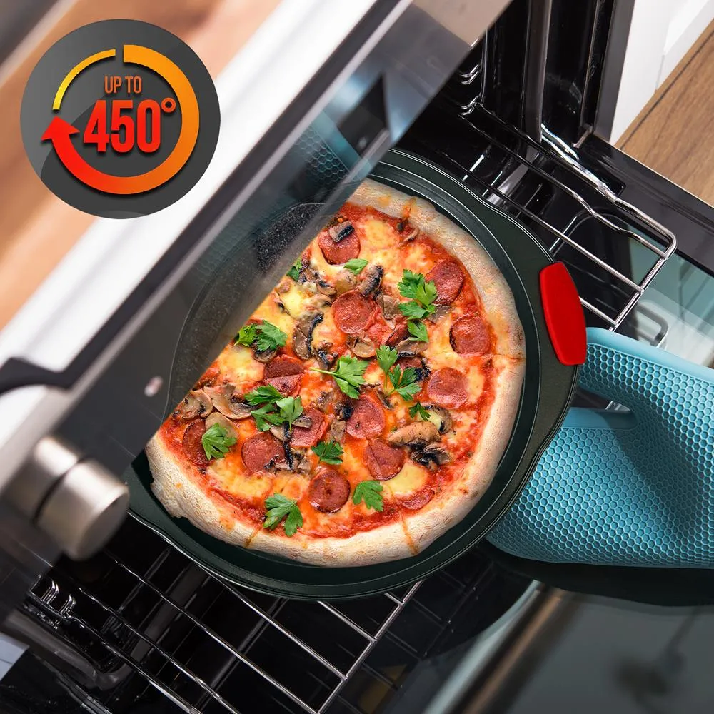 2-Pc. Non-Stick Pizza Tray With Silicone Handle - Round Steel Non-Stick Pan With Perforated Holes