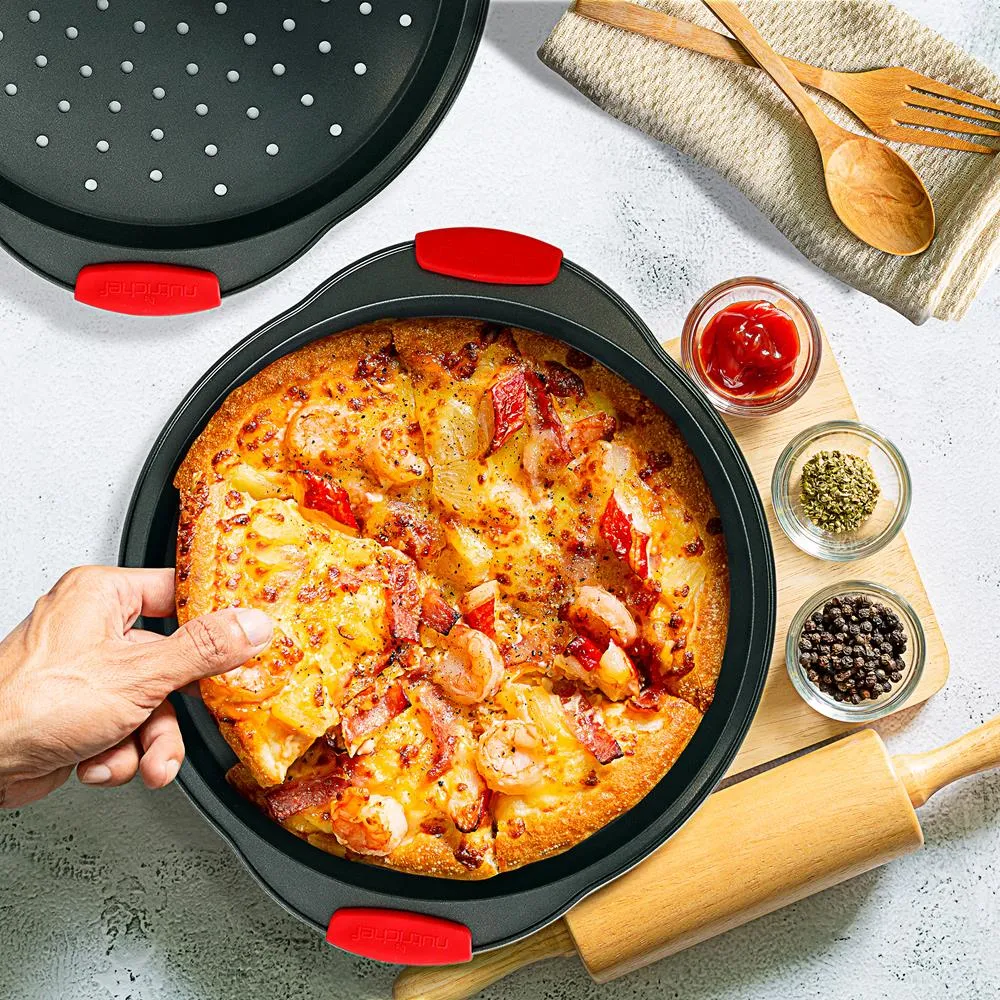 2-Pc. Non-Stick Pizza Tray With Silicone Handle - Round Steel Non-Stick Pan With Perforated Holes