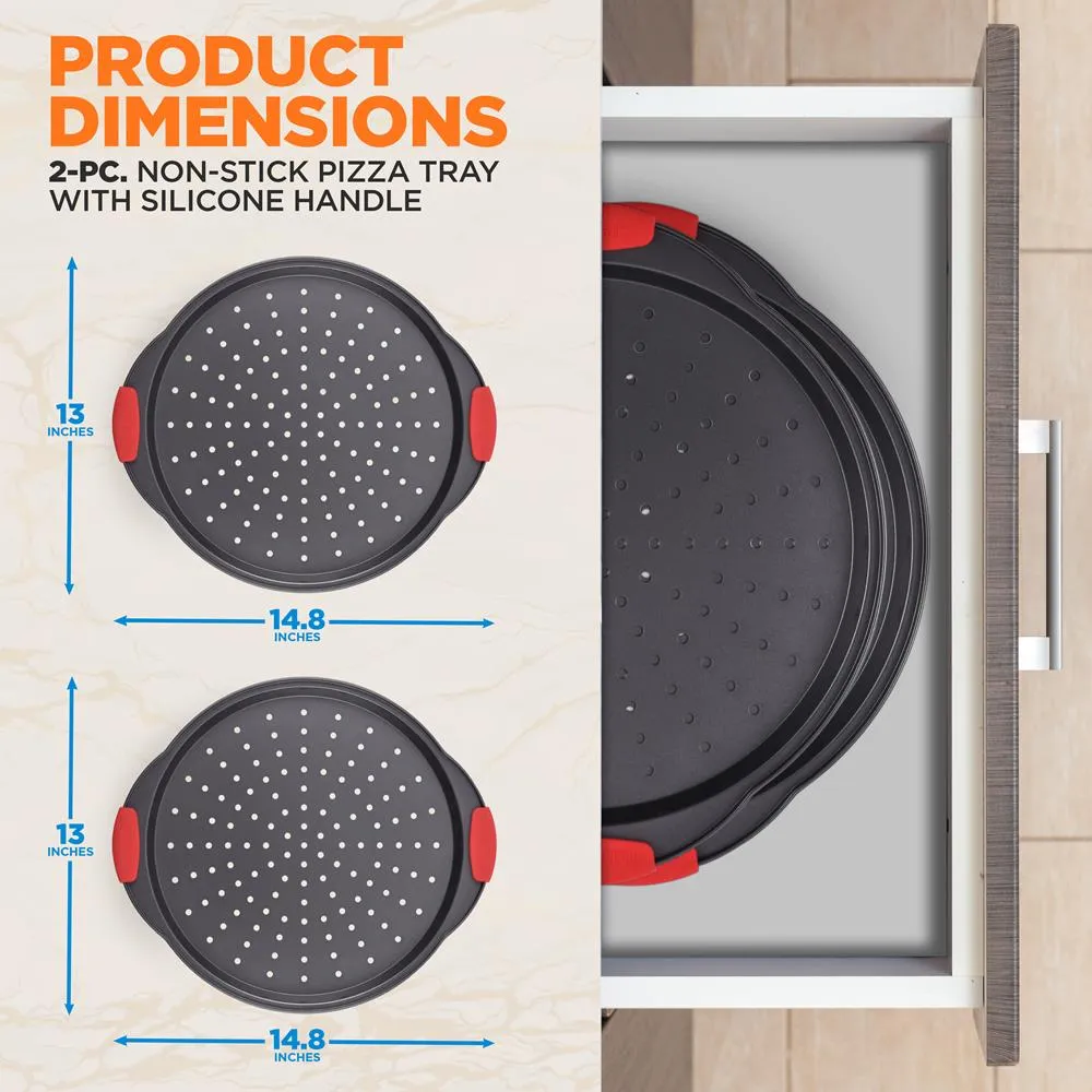 2-Pc. Non-Stick Pizza Tray With Silicone Handle - Round Steel Non-Stick Pan With Perforated Holes