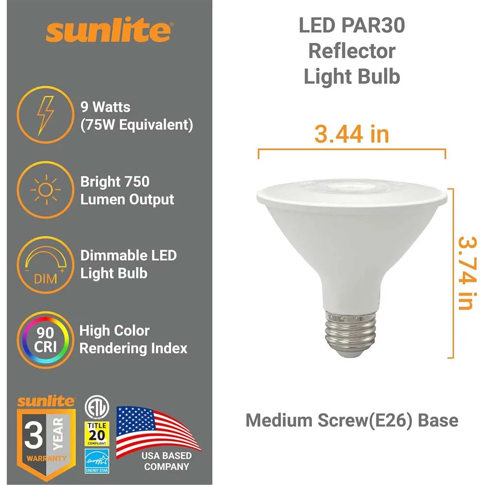 24Pk - Sunlite 9w LED PAR30 Reflector Floodlight 3000K Bulb - 75W Equiv