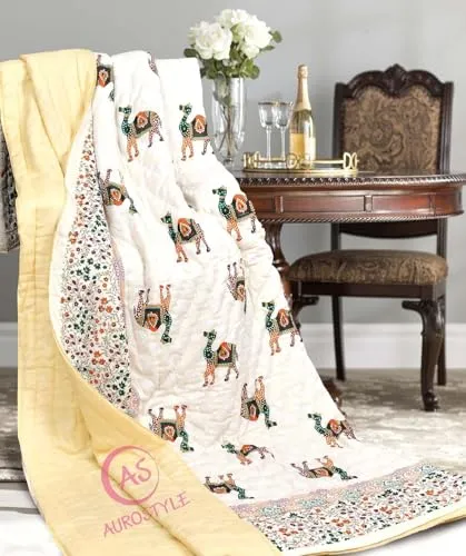 250 GSM Jaipuri Hand Block and Screen Camel Printed Winter Cotton Double Bed Quilt Razai - King Size Red, Green, Cream and Multicolor, Rajai, Lightweight