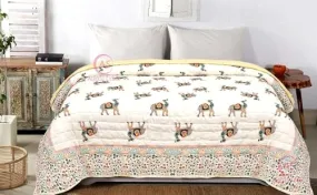 250 GSM Jaipuri Hand Block and Screen Camel Printed Winter Cotton Double Bed Quilt Razai - King Size Red, Green, Cream and Multicolor, Rajai, Lightweight