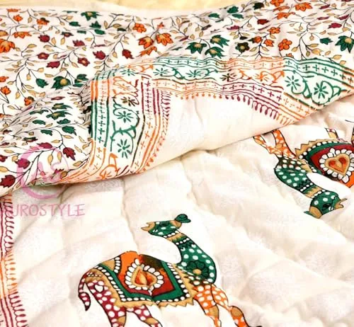 250 GSM Jaipuri Hand Block and Screen Camel Printed Winter Cotton Double Bed Quilt Razai - King Size Red, Green, Cream and Multicolor, Rajai, Lightweight