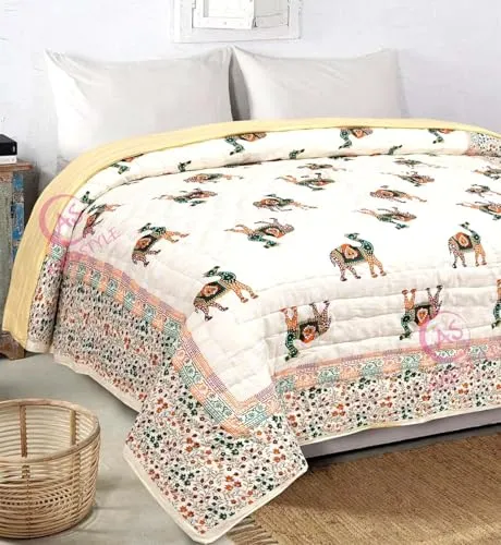 250 GSM Jaipuri Hand Block and Screen Camel Printed Winter Cotton Double Bed Quilt Razai - King Size Red, Green, Cream and Multicolor, Rajai, Lightweight