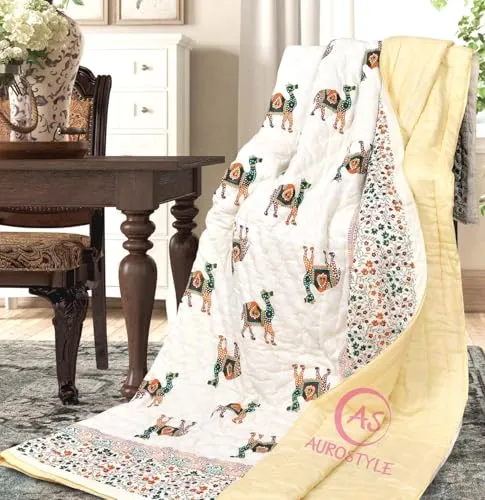 250 GSM Jaipuri Hand Block and Screen Camel Printed Winter Cotton Double Bed Quilt Razai - King Size Red, Green, Cream and Multicolor, Rajai, Lightweight