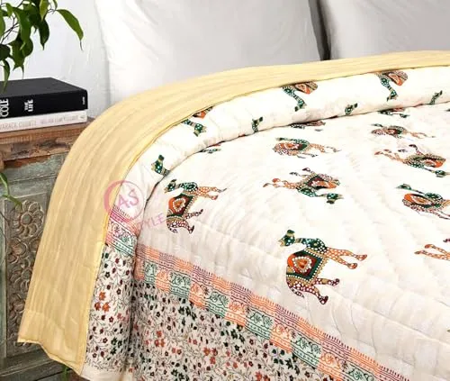 250 GSM Jaipuri Hand Block and Screen Camel Printed Winter Cotton Double Bed Quilt Razai - King Size Red, Green, Cream and Multicolor, Rajai, Lightweight