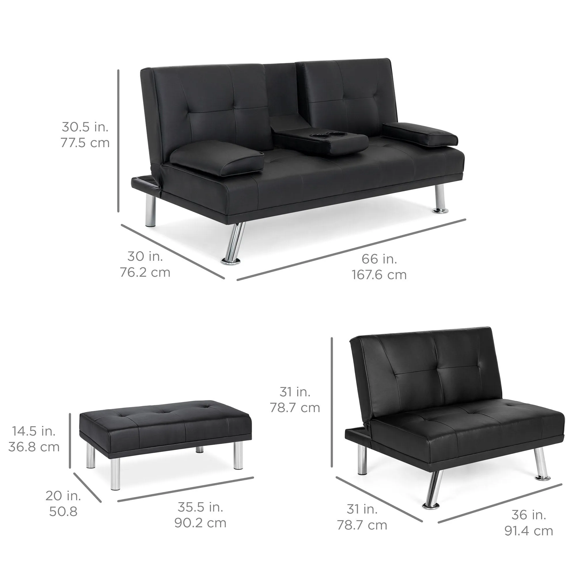 3-Piece Modular Modern Furniture Set w/ Double & Single Futons, Footstool