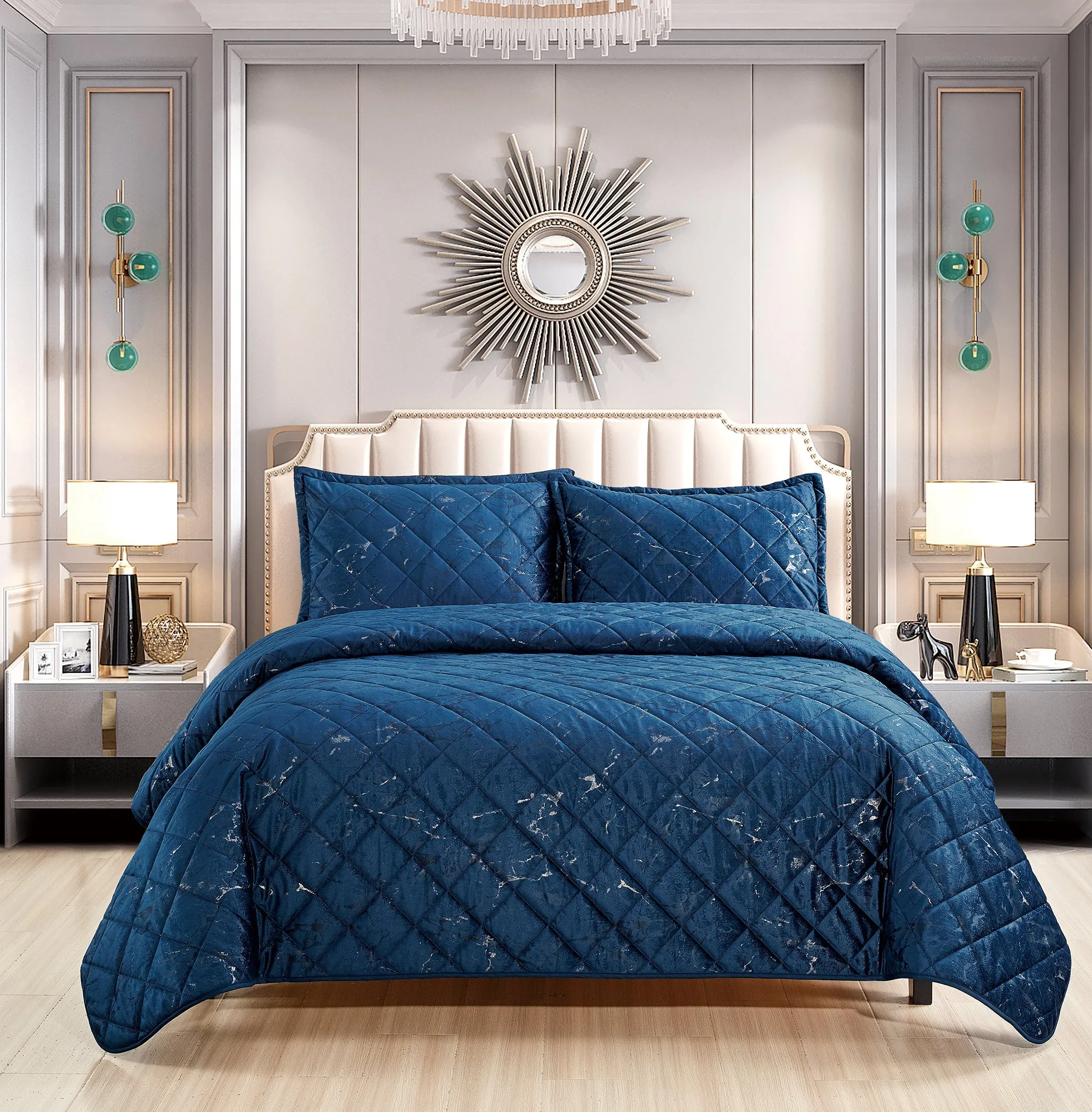 3 Piece Velvet Bedspread set Quilted Bed Throw Marble Design Bed Set & 2 Pillow Shams (Navy)