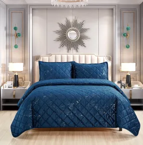 3 Piece Velvet Bedspread set Quilted Bed Throw Marble Design Bed Set & 2 Pillow Shams (Navy)