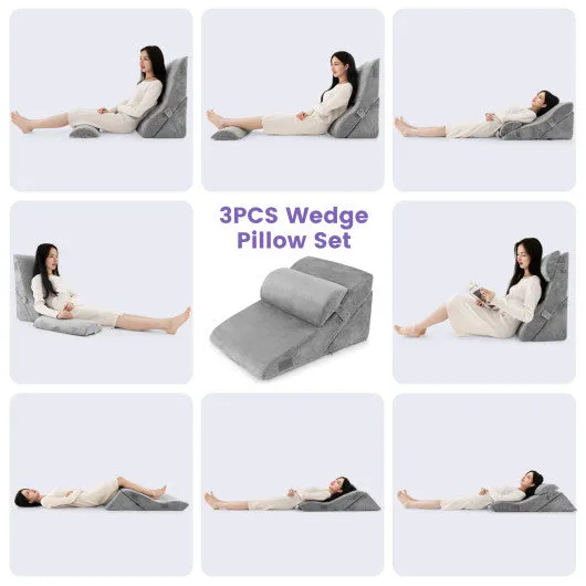 3 Pieces Orthopedic Bed Wedge Pillow Set Adjustable Support for Back Neck-Gray