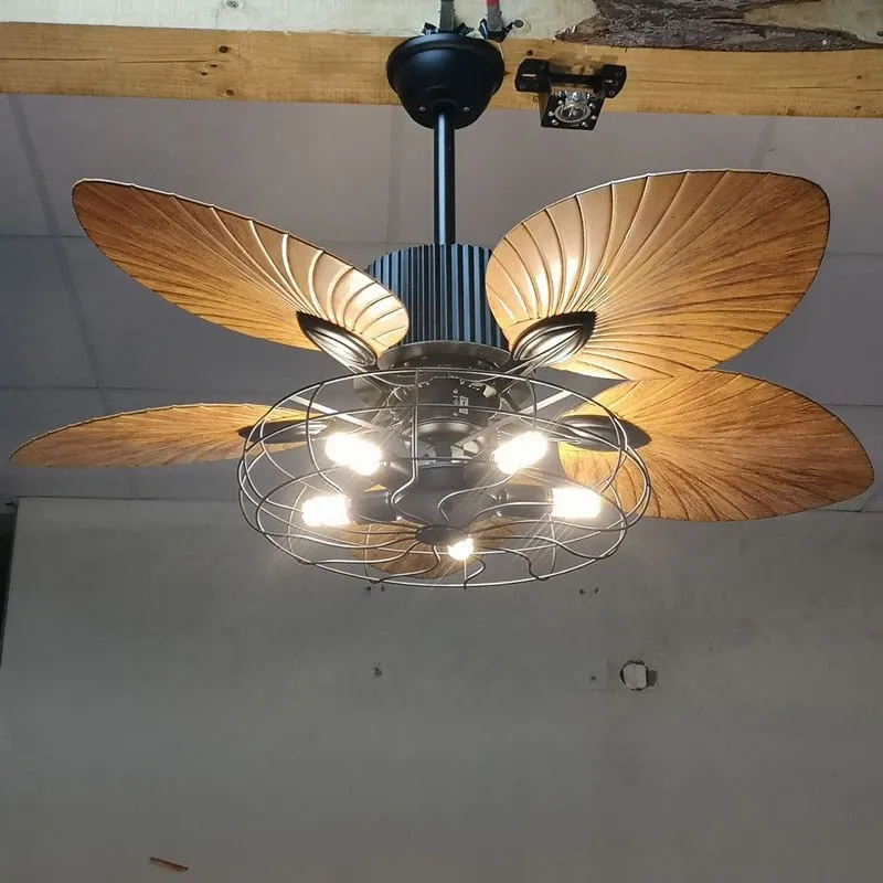 42/52-Inch Tropical Ceiling Fan - Bronze Industrial Design with Five Palm Leaf Blades, Damp-Rated