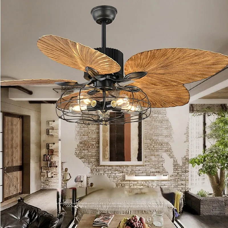 42/52-Inch Tropical Ceiling Fan - Bronze Industrial Design with Five Palm Leaf Blades, Damp-Rated