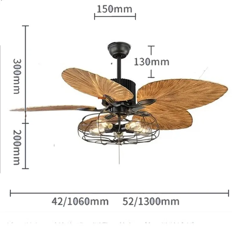 42/52-Inch Tropical Ceiling Fan - Bronze Industrial Design with Five Palm Leaf Blades, Damp-Rated