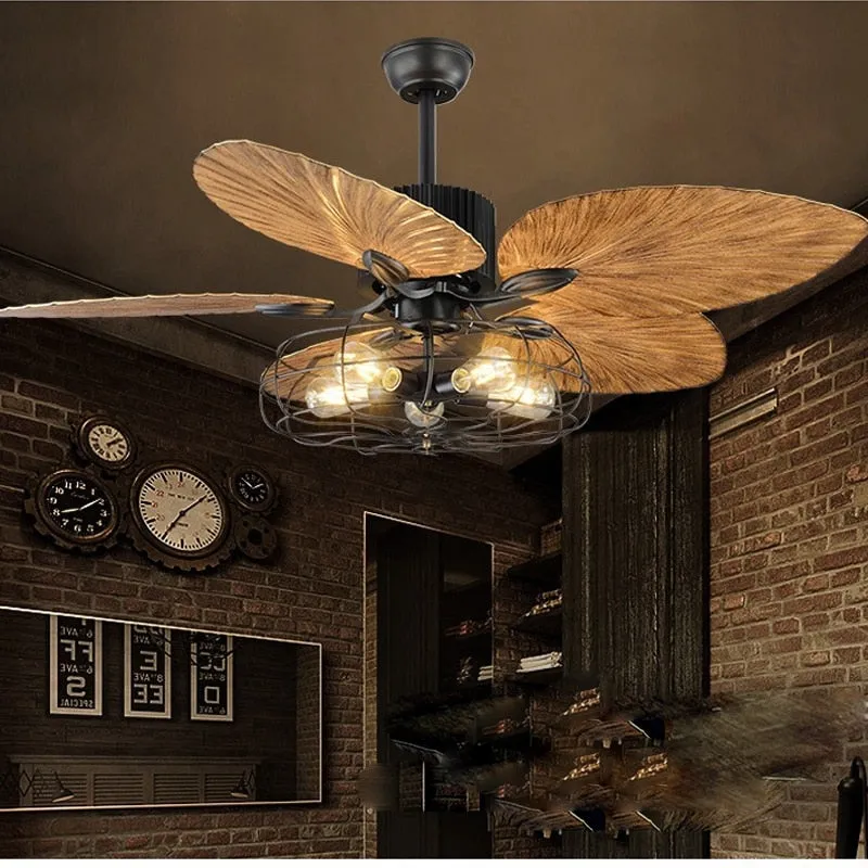 42/52-Inch Tropical Ceiling Fan - Bronze Industrial Design with Five Palm Leaf Blades, Damp-Rated