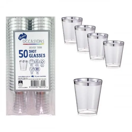 50pk Deluxe Metallic Silver Trimmed Plastic Shot Glass