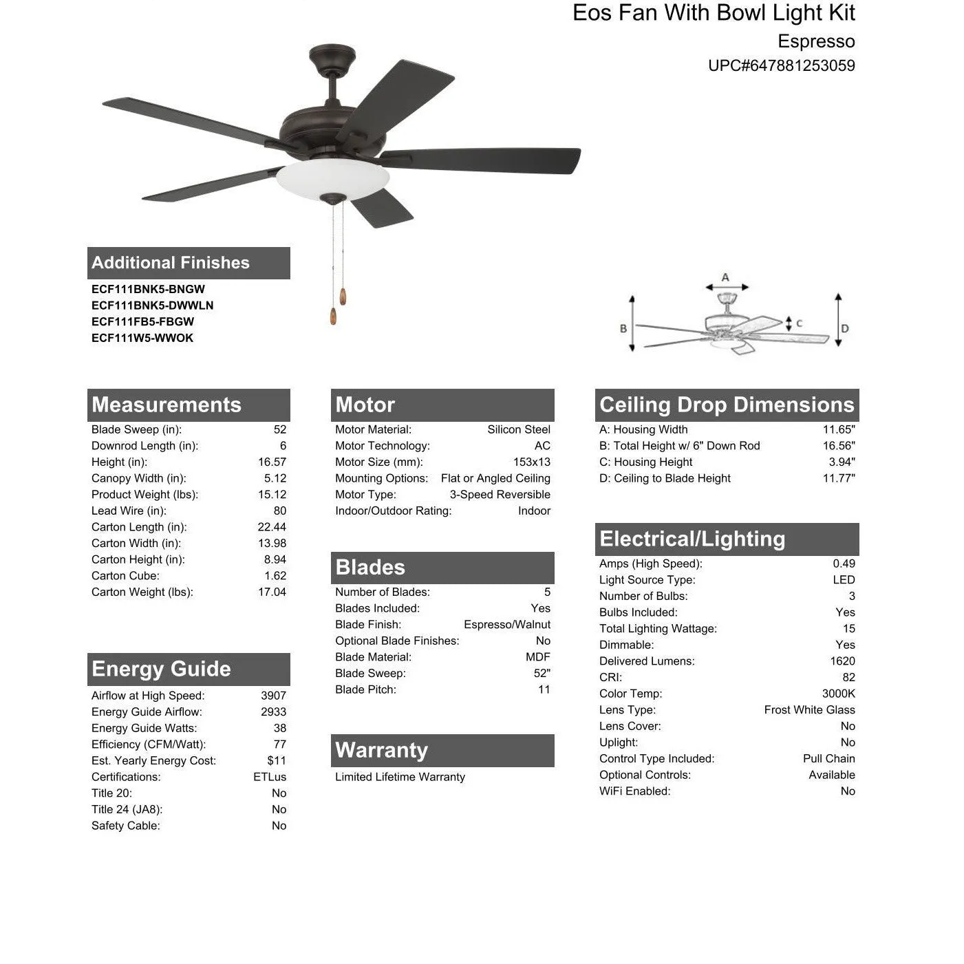 52" Eos 3 Light Bowl in Espresso w/ Espresso/Walnut Blades