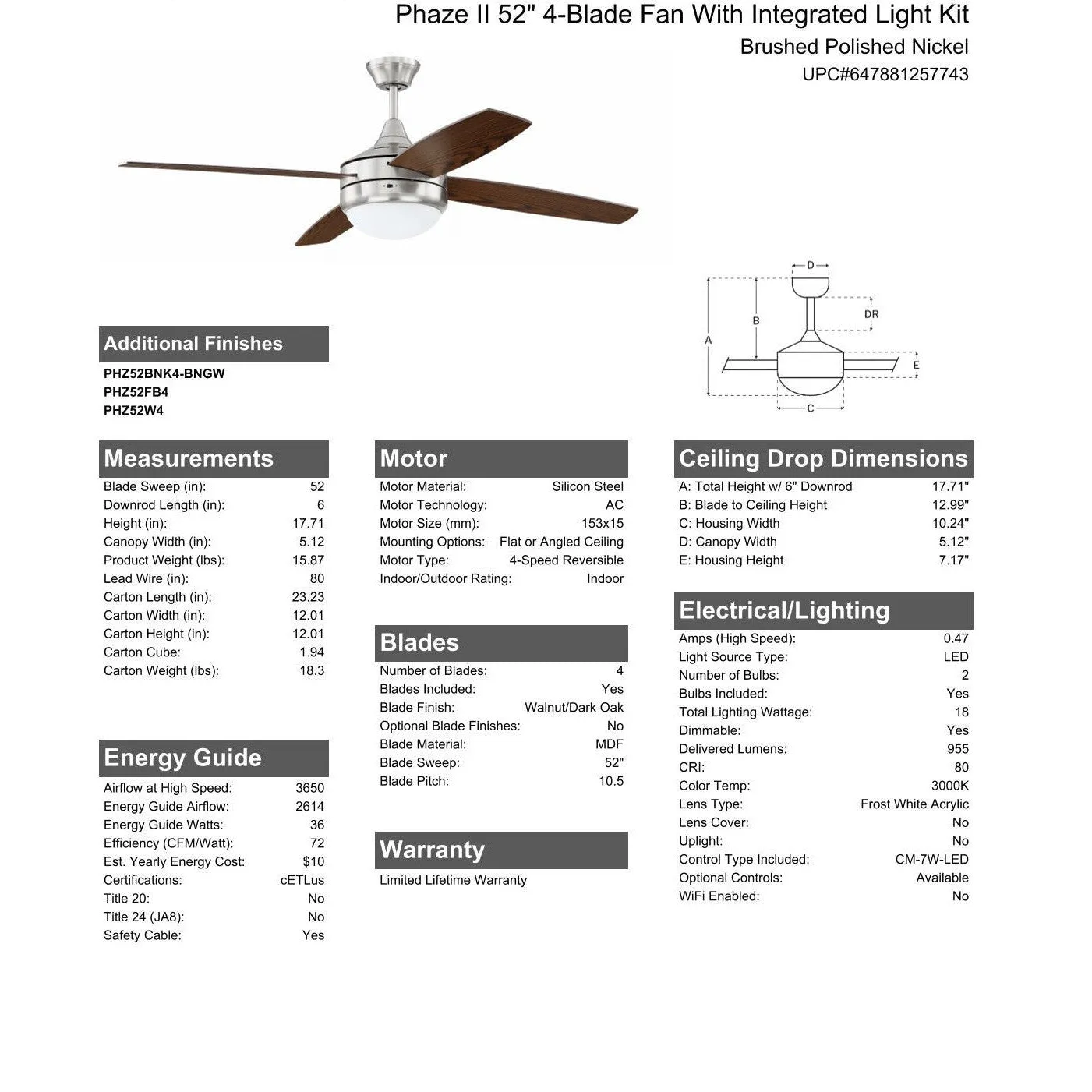 52" Phaze II 4-Blade in Brushed Polished Nickel w/ Walnut/Dark Oak Blades