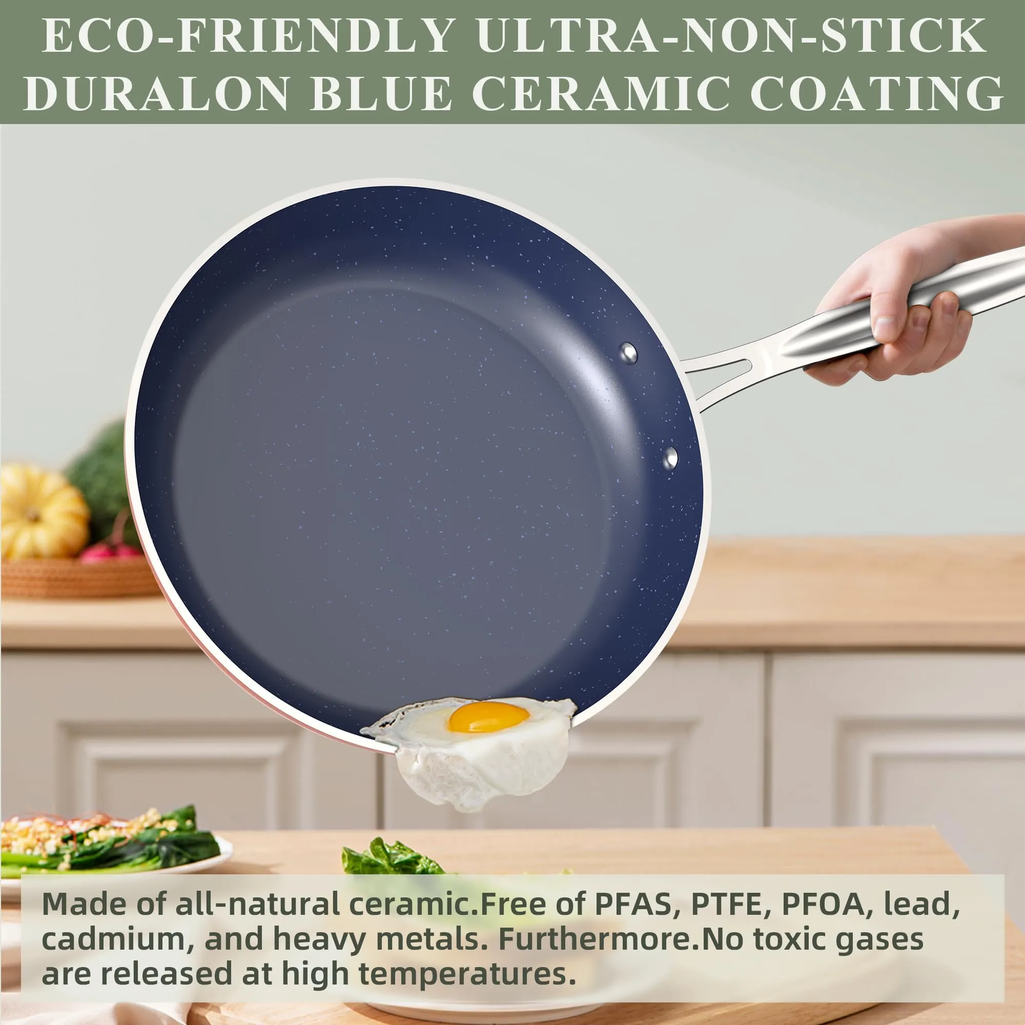 7pc Cookware Set Healthy Duralon Blue Ceramic Nonstick Coated, Diamond Infused Scratch-Resistant