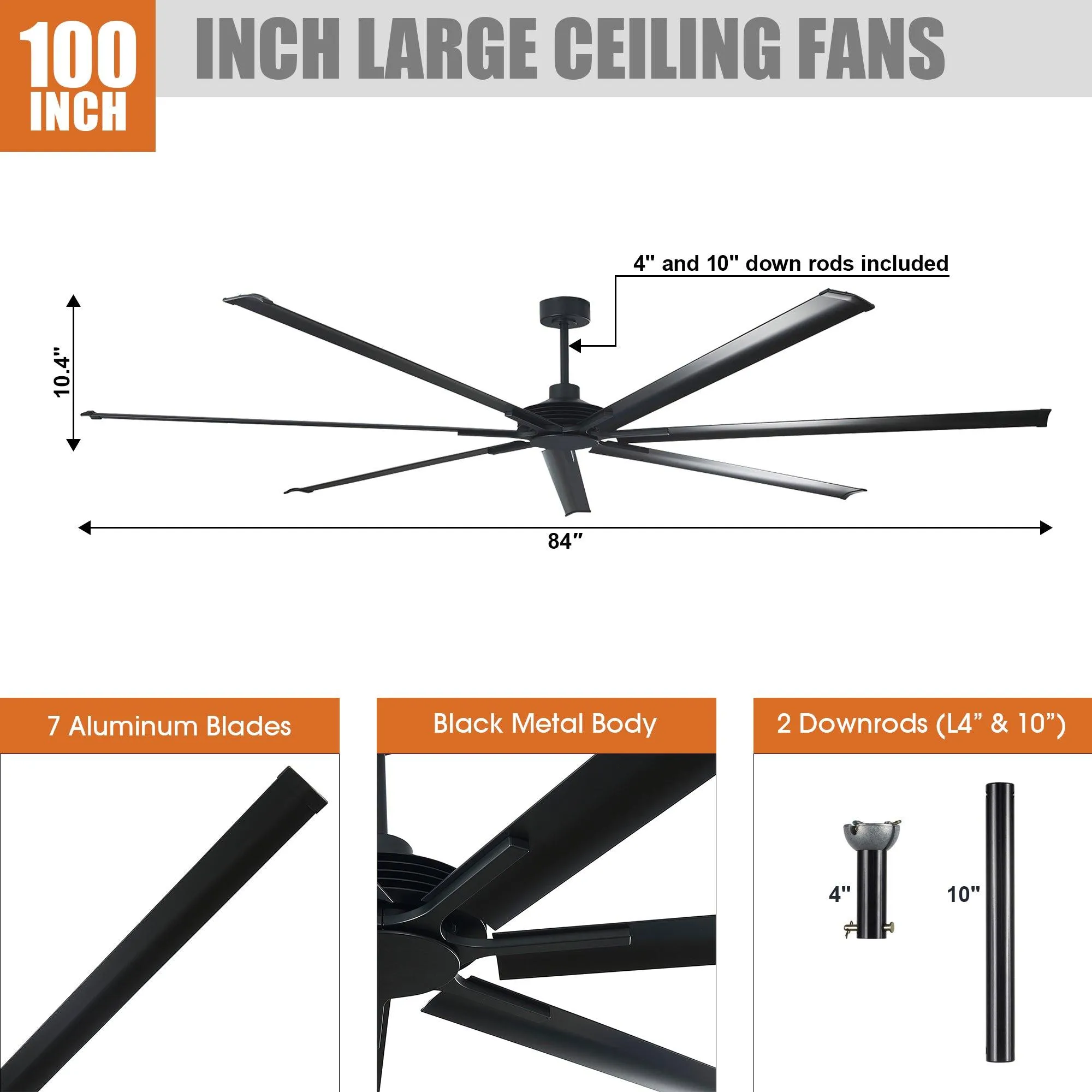 84 Inch 100 Inch Extra Large Ceiling Fan with Remote Control