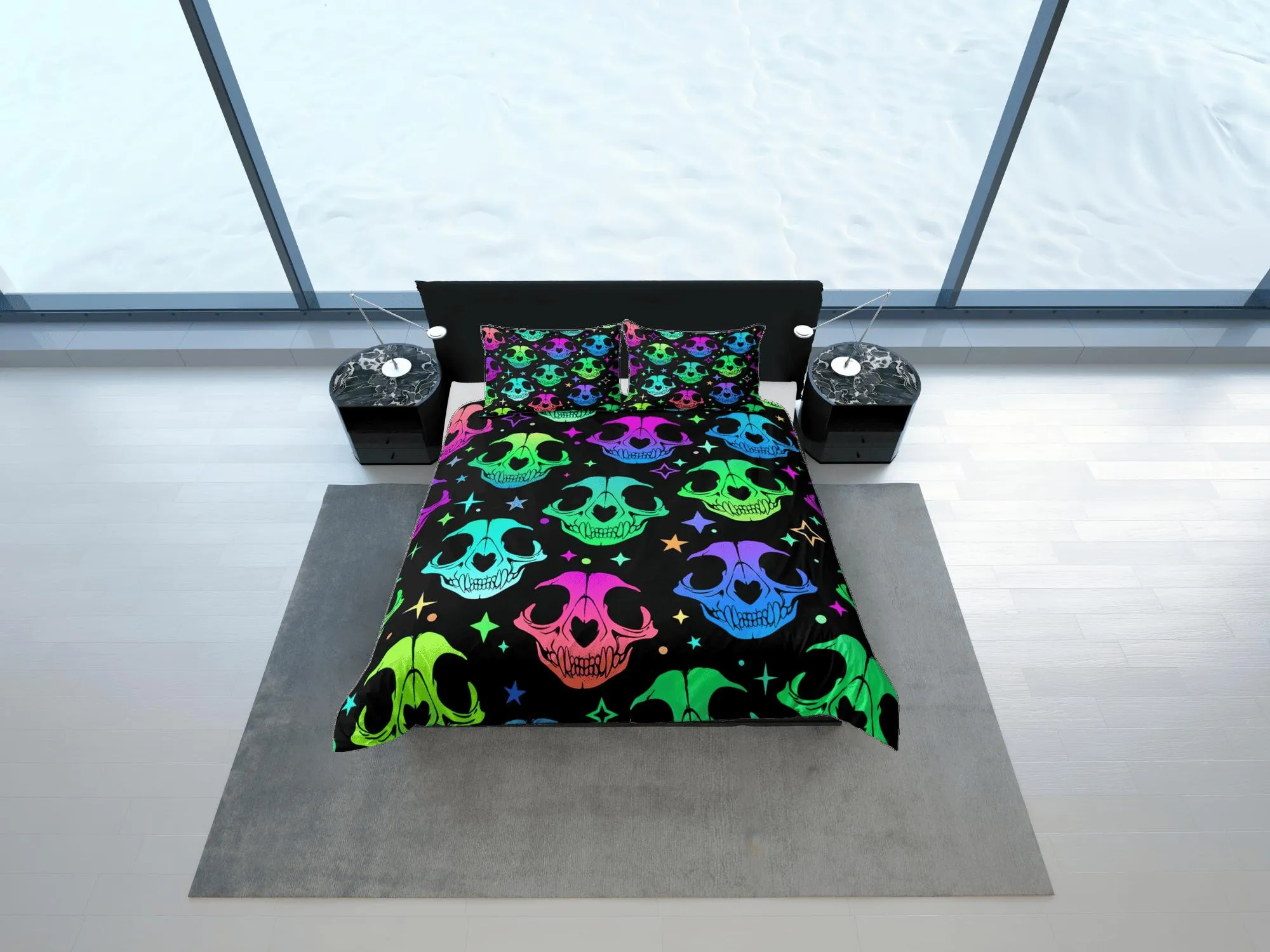 Animal skull 90s neon halloween bedding hippie retro duvet cover set, colorful dorm bedding, teens bedroom, adult duvet, toddler bedding