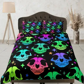 Animal skull 90s neon halloween bedding hippie retro duvet cover set, colorful dorm bedding, teens bedroom, adult duvet, toddler bedding