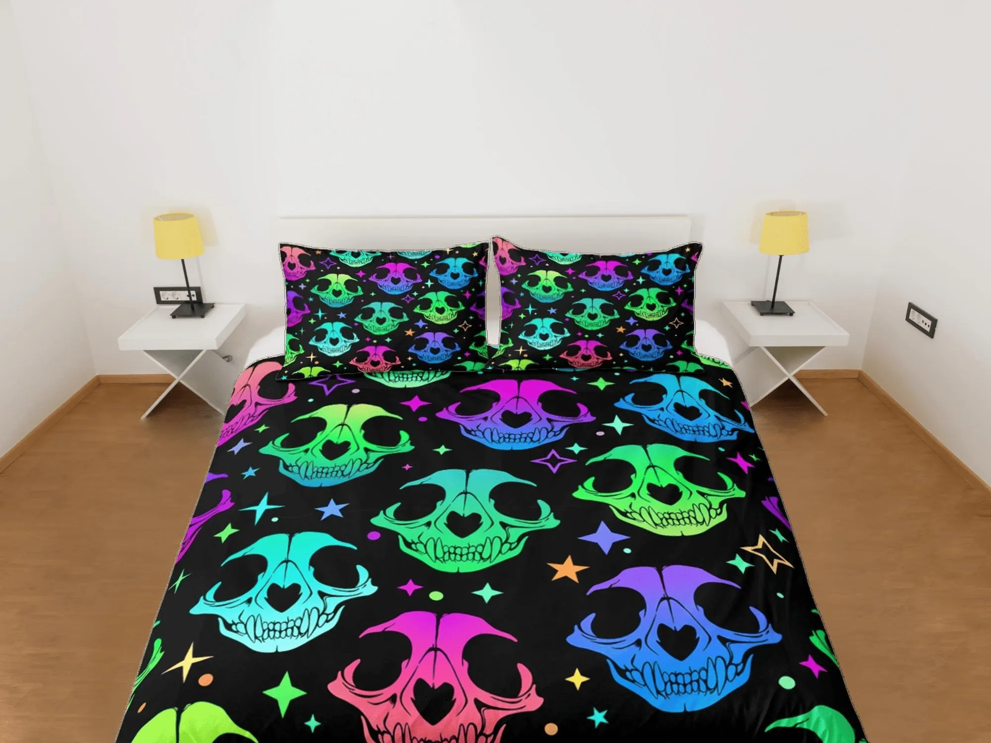 Animal skull 90s neon halloween bedding hippie retro duvet cover set, colorful dorm bedding, teens bedroom, adult duvet, toddler bedding