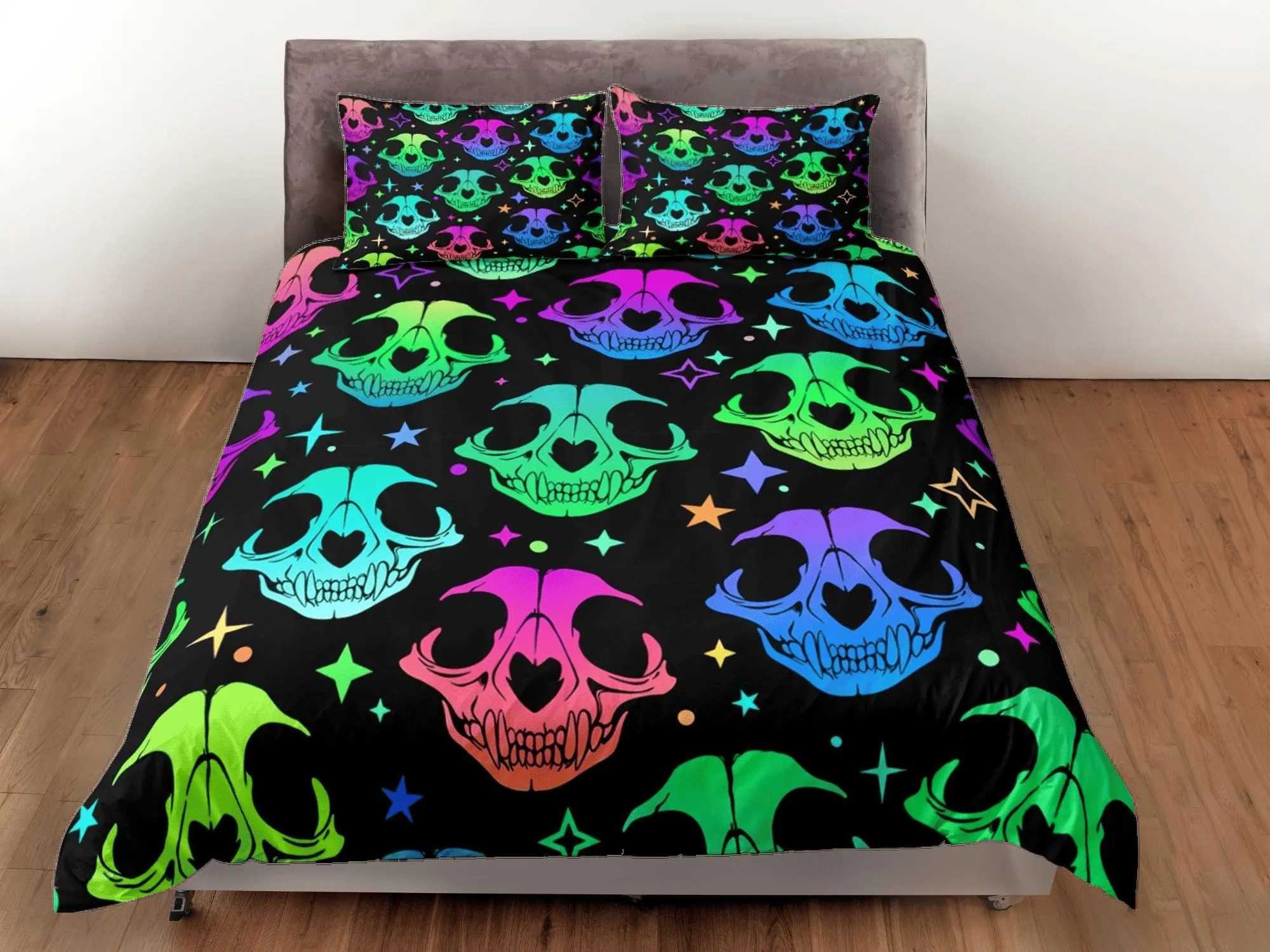 Animal skull 90s neon halloween bedding hippie retro duvet cover set, colorful dorm bedding, teens bedroom, adult duvet, toddler bedding