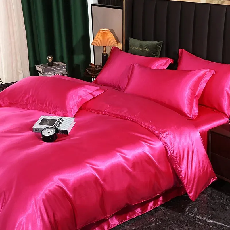 Anyhouz Beddings Hot Pink EU Double Size 3 Pcs High End Satin Smooth Duvet Cover Set Luxury Polyester Silky Soft Cozy Bedding Set