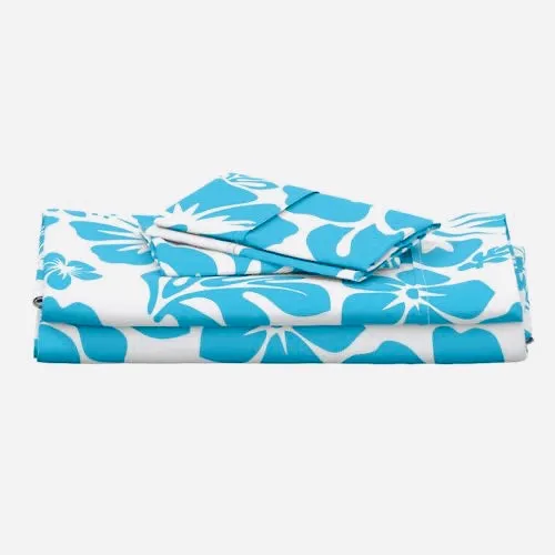 Aqua Ocean Blue Hawaiian Flowers on White Sheet Set from Surfer Bedding™️ Medium Scale