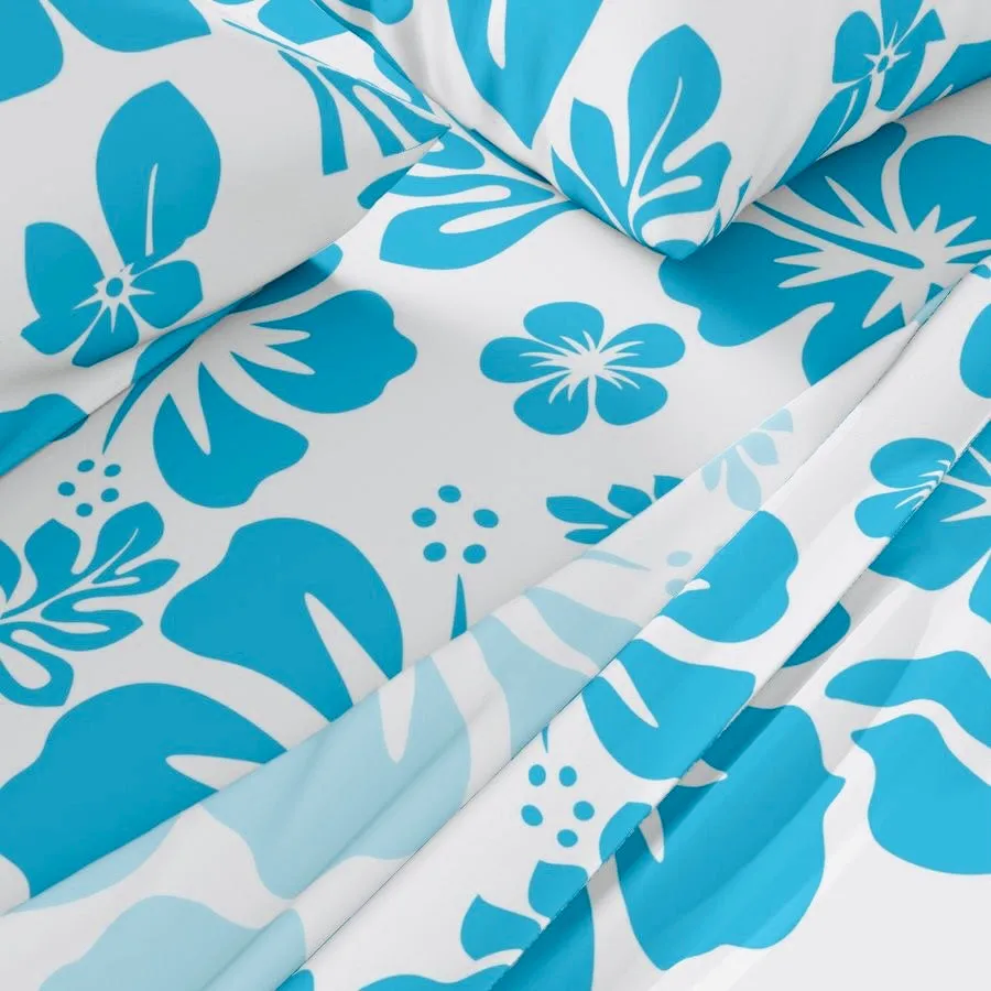 Aqua Ocean Blue Hawaiian Flowers on White Sheet Set from Surfer Bedding™️ Medium Scale