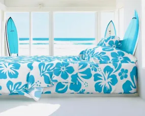 Aqua Ocean Blue Hawaiian Flowers on White Sheet Set from Surfer Bedding™️ Medium Scale