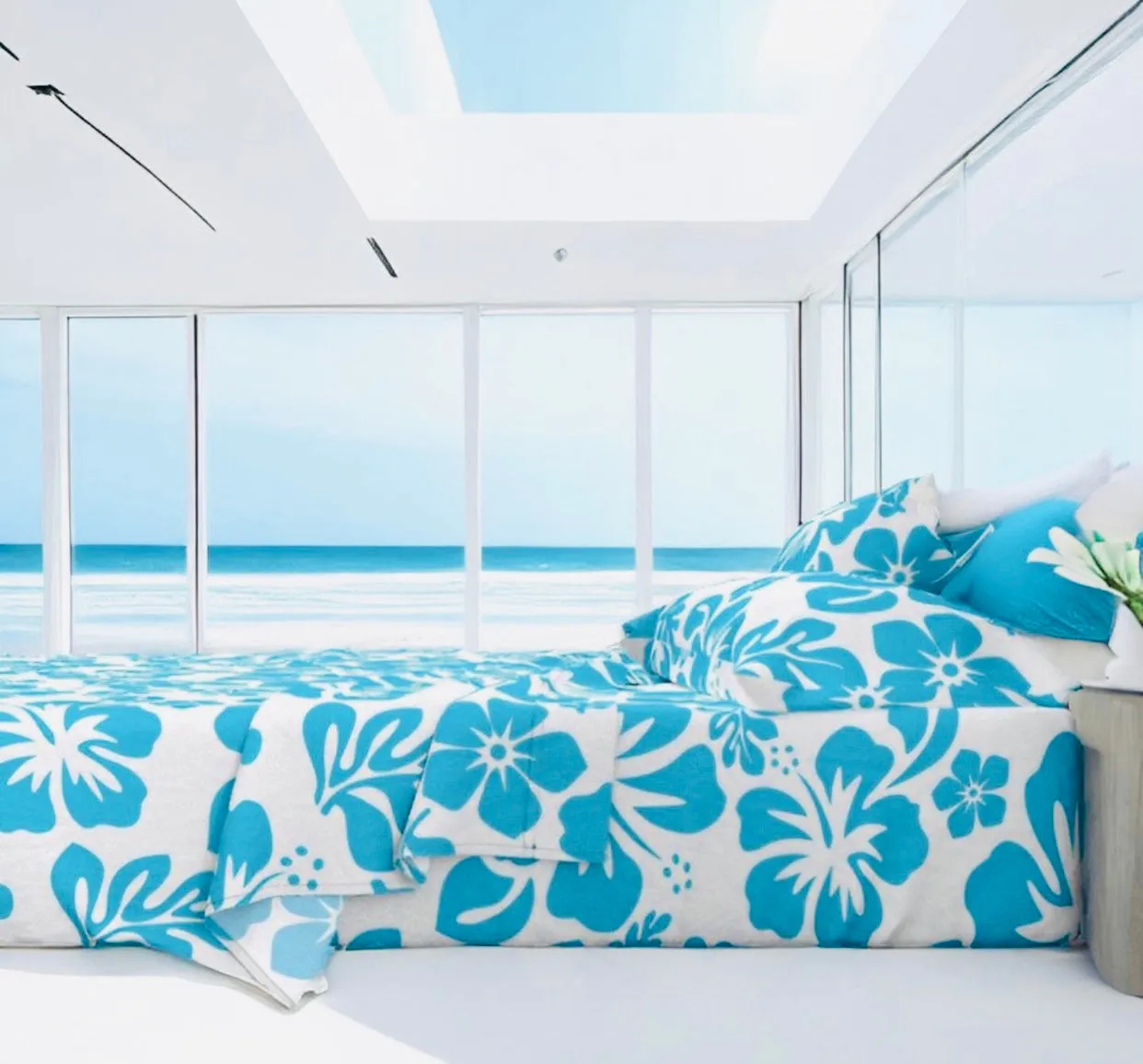 Aqua Ocean Blue Hawaiian Flowers on White Sheet Set from Surfer Bedding™️ Medium Scale