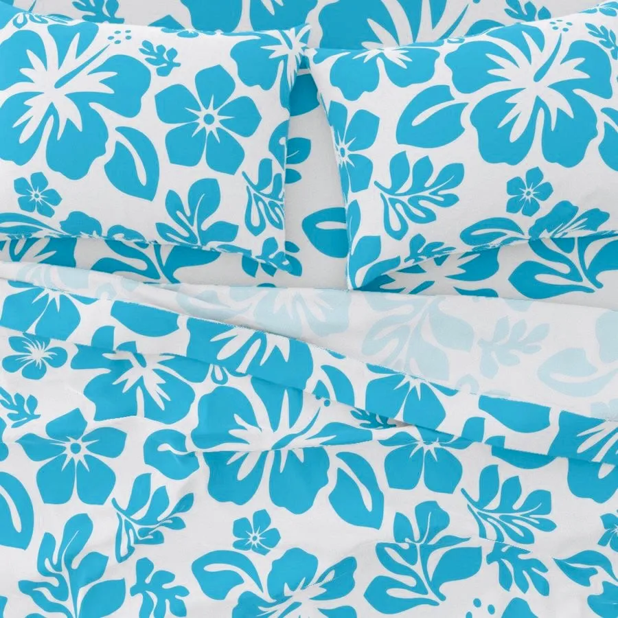 Aqua Ocean Blue Hawaiian Flowers on White Sheet Set from Surfer Bedding™️ Medium Scale