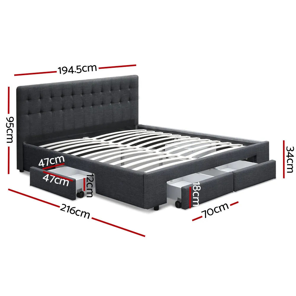 Artiss King Size Fabric Bed Frame Headboard with Drawers  - Charcoal