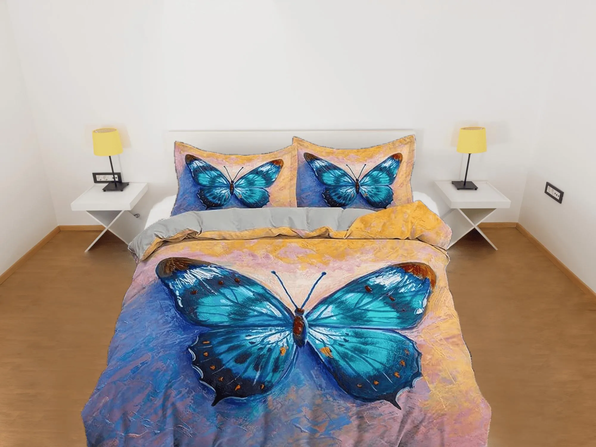 Artistic blue butterfly bedding boho chic aesthetic yellow orange duvet cover, dorm bedding full size duvet king queen twin, nursery toddler