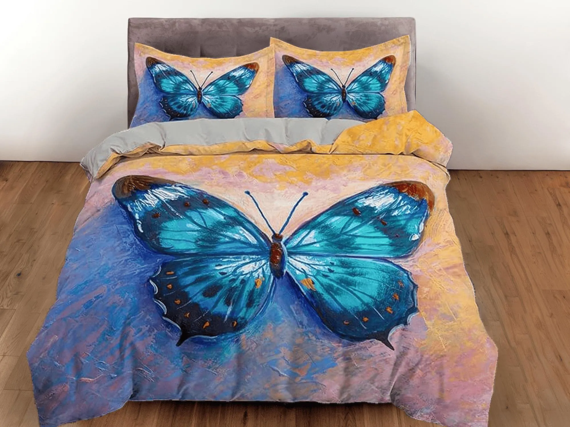 Artistic blue butterfly bedding boho chic aesthetic yellow orange duvet cover, dorm bedding full size duvet king queen twin, nursery toddler