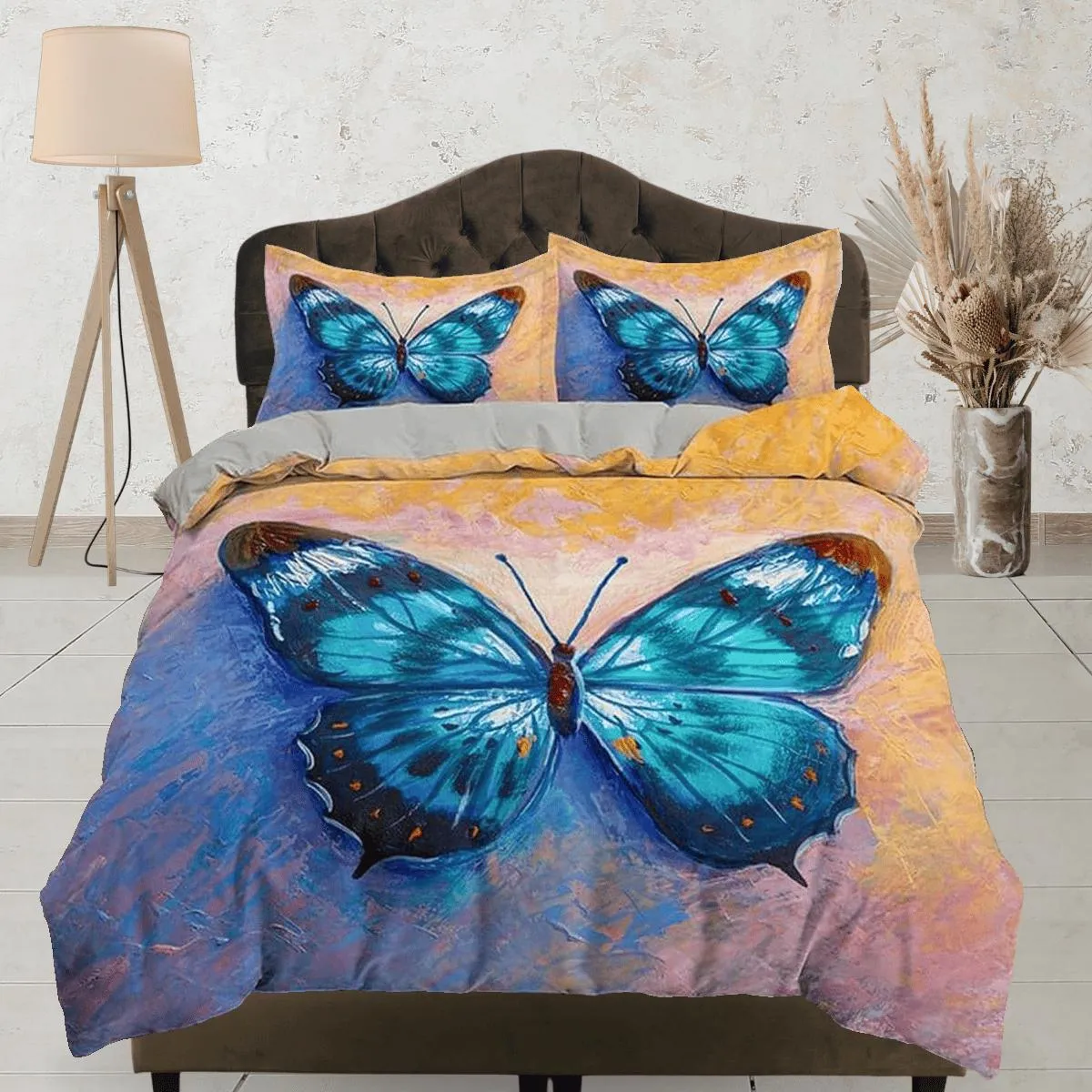 Artistic blue butterfly bedding boho chic aesthetic yellow orange duvet cover, dorm bedding full size duvet king queen twin, nursery toddler