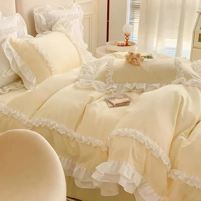 Baby Yellow Ruffle Edge Bedding Duvet Sheet Set Queen Size