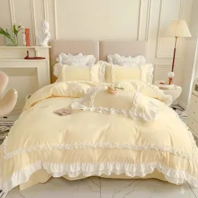 Baby Yellow Ruffle Edge Bedding Duvet Sheet Set Queen Size