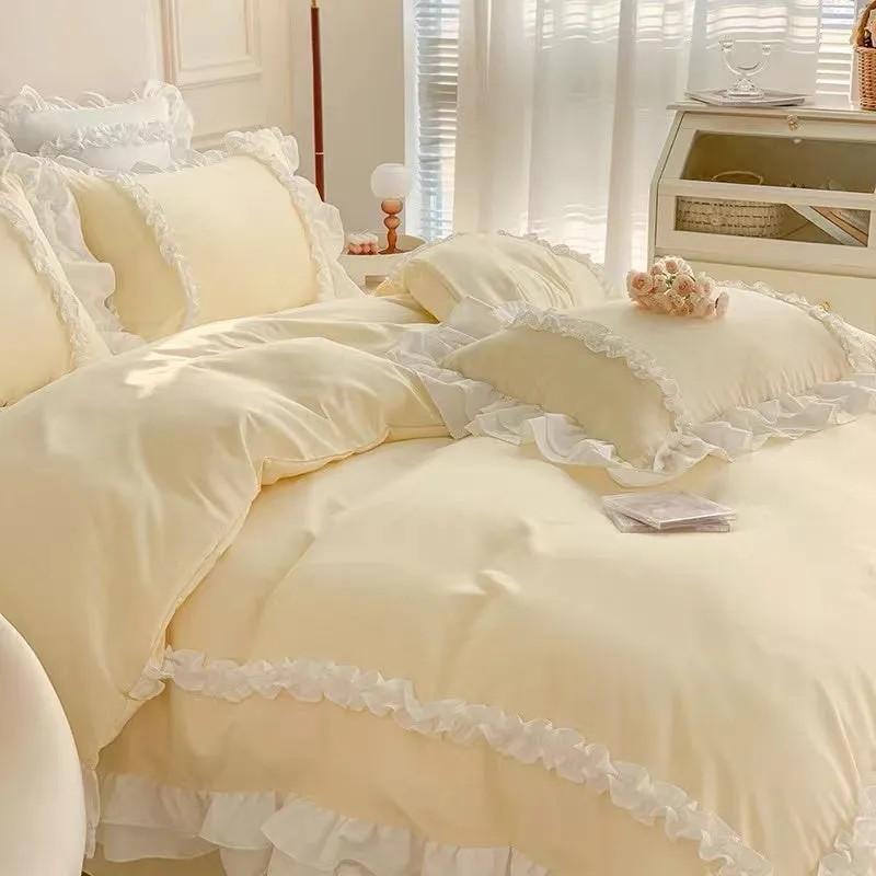 Baby Yellow Ruffle Edge Bedding Duvet Sheet Set Queen Size